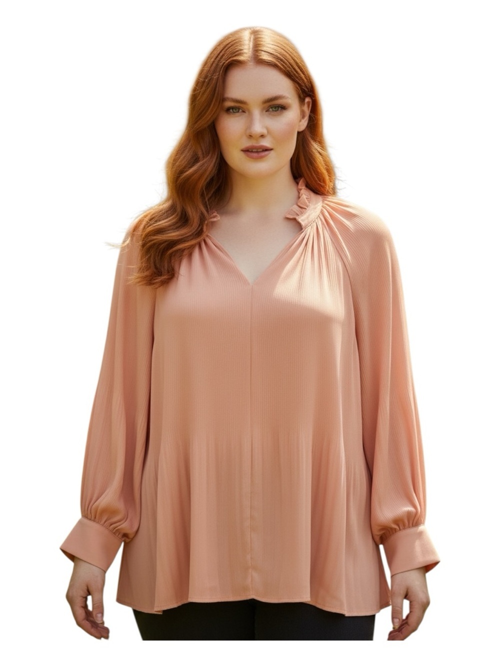 The Limited Peach Blush V-Neck Pleated Long Sleeve Top